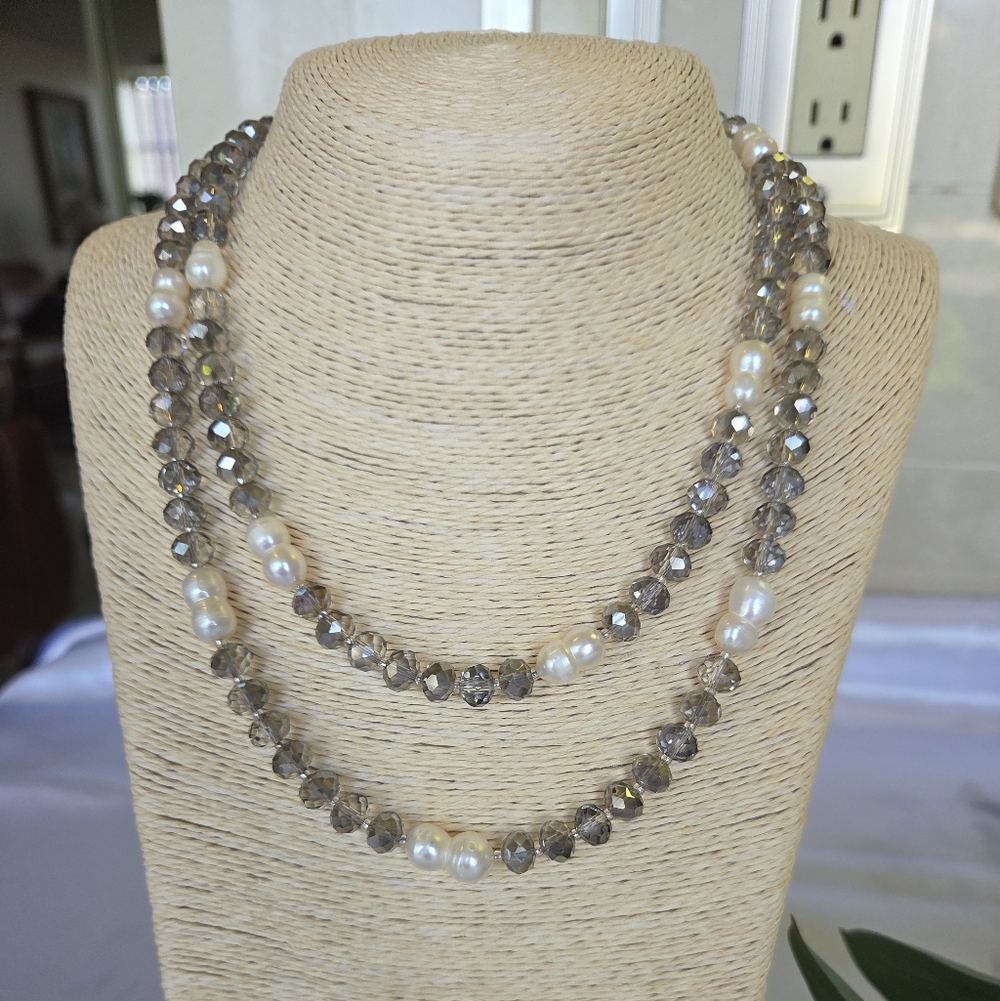 Elegant Swarowski Grey Crystals Natural  Pearls Necklace,Long,  New w Tags